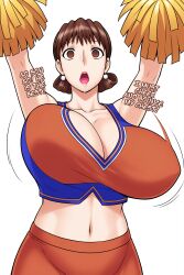  ai_art bouncing_breasts breasts brown_eyes brown_hair cheerleader cleavage collarbone drool earrings empty_eyes expressionless female_only femsub huge_breasts lipstick maledom manip midriff milf minimimic_(generator) minimimic_(manipper) mom_(jinsuke) mom_is_my_doll mother_and_son navel open_mouth short_hair simple_background skirt stable_diffusion_(ai) text white_background 