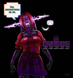  black_hair corruption doll doll_joints dollwess female_only femsub gameplay_mechanics glowing_eyes hacking heart_eyes latex lustea original red_dress red_hair smile tech_control text 