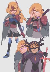  amphibia armor blonde_hair boots cape collar femdom femsub gloves headband helmet horns long_hair looking_at_viewer marcy_wu mask matuo_rie multiple_eyes possession purple_eyes resisting sasha_waybright scars skirt smug sword tech_control the_core_(amphibia) wires 