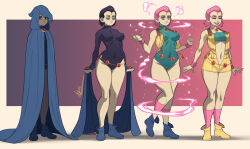 bare_legs bare_shoulders bimbofication dc_comics dreadful_exmile female_only feminization femsub grey_skin leotard pink_hair purple_eyes purple_hair raven short_hair smile teen_titans transformation