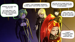 amnesia black_hair blonde_hair cleavage_cutout collar denial dialogue dominatrix english_text femdom femsub green_hair hypnotized_dom latex leash multiple_girls multiple_subs red_hair speech_bubble text the_dai_li