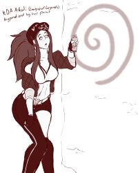 absurdres akali_(league_of_legends) alternate_costume alternate_hairstyle black--wave breasts female_only femsub greyscale hat large_breasts league_of_legends long_hair open_mouth ponytail spiral spiral_eyes symbol_in_eyes text
