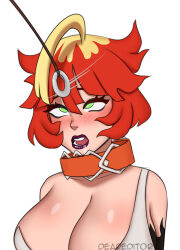 bangs bare_shoulders blush breasts cleavage coin collar deareditor drool eye_roll female_only femsub freckles huge_breasts large_breasts lipstick mela_(pokemon) multicolored_hair nintendo open_mouth pendulum pokemon pokemon_scarlet_and_violet red_hair red_lipstick ring_eyes short_hair simple_background white_background 
