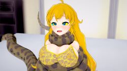  3d ahoge blonde_hair bra breasts coils femsub kaa_eyes large_breasts lingerie maledom mrkoiru nipples open_mouth rwby see-through snake very_long_hair yang_xiao_long 