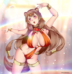  animal_ears bangs blush bracelet breasts brown_hair crown dancing empty_eyes female_only femsub harem_outfit haryudanto huge_breasts jewelry large_breasts leaning_forward nail_polish navel pink_eyes raphtalia simple_background solo standing straight-cut_bangs the_rising_of_the_shield_hero very_long_hair 