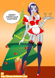  breasts christmas dc_comics dialogue female_only femsub garter_straps grey_skin happy_trance high_heels jimryu large_breasts maid purple_hair raven short_hair solo spiral_eyes super_hero symbol_in_eyes teen_titans text thighhighs tray western 