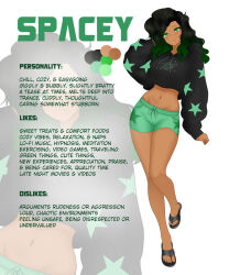  black_hair character_profile clothed crop_top curly_hair english_text female_only green_eyes green_hair kronobas28 long_hair midriff multicolored_hair navel original sandals simple_background spacey_(zachnosis) text white_background zachnosis 