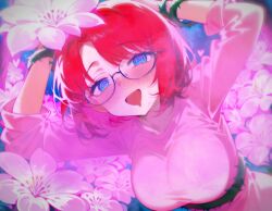  ai_art arms_above_head blue_eyes blush bondage female_only femsub flower glasses hypnotic_gas jinio_(generator) open_mouth plant red_hair restrained shirt short_hair symbol symbol_in_eyes vines yodayo_(ai) 