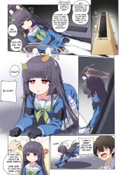 absurdres all_fours altered_common_sense awakening black_hair blue_archive blush border brown_hair chair comic confused dazed drool english_text etlabsotwe eyebrows_visible_through_hair fake_animal_ears femsub gloves gradient_background hair_band halo loli maledom metronome miyu_(blue_archive) open_mouth pantyhose pet_play red_eyes right_to_left school_uniform short_hair simple_background sitting smile speech_bubble text traditional traditional_hypnosis unfocused_eyes uniform very_long_hair