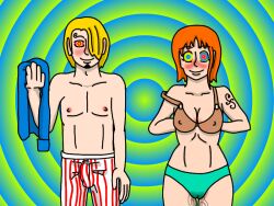 blonde_hair blush boxers bra breasts bulge cleavage erect_nipples erection femsub hair_covering_one_eye happy_trance large_breasts malesub multiple_subs nami_(one_piece) one_piece orange_hair panties penis precum pussy_juice ring_eyes sanji short_hair smile standing standing_at_attention tabletennis tattoo topless underwear undressing wet_clothes