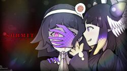 absurdres blush cookies crown drool elf_ears english_text female_only femdom femsub gloves glowing glowing_eyes hololive hololive_english long_hair multiple_girls ninomae_ina'nis nowaru_art nun purple_eyes purple_hair ring_eyes short_hair tears text watermark wings