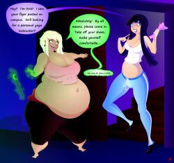black_hair blonde_hair blue_eyes cleavage dialogue fat female_only femdom green_eyes harlequin141 magic pants text