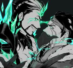  aura beard black_hair body_markings control_indicator crown draven_(league_of_legends) dual_persona earrings eye_color_change facial_markings gloves glowing glowing_eyes green_eyes hair_color_change hand_on_head iki39236287 jewelry league_of_legends male_only maledom malesub mustache pale_skin piercing possession ruination short_hair smirk tattoo viego_(league_of_legends) yaoi 