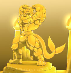 akanos anklet arm_bands aurification belt big_muscles bulge croiyan flexing furry gold jewelry male_only malesub muscle_boy nipple_piercing non-human_feet original piercing posing shark_boy solo speedo standing standing_at_attention statue topless