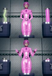  3d alternate_color_scheme alternate_costume alternate_hair_color arms_behind_back bodysuit breasts cameltoe catsuit collar comic female_only femsub happy_trance honey_select_2 latex murochi-san open_mouth original pink_eyes pink_hair rubber short_hair smile solo standing tentacles tongue tongue_out 
