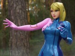  3d assimilation blonde_hair blue_eyes corruption crossover ditto female_only femsub lipstick metroid_(series) mole nautilic nintendo outdoors pokemon pokemon_(creature) ponytail samus_aran slime solo watermark zero_suit 