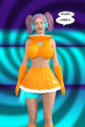 3d bare_legs breasts dialogue drool female_only femsub happy_trance headphones huge_breasts pink_hair skirt solo space_channel_5 spiral spiral_eyes symbol_in_eyes text theheckle twintails ulala