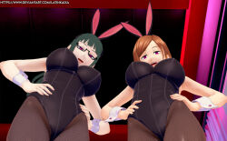 3d bunny_ears bunnysuit empty_eyes femsub glasses green_hair jujutsu_kaisen kugisaki_nobara large_breasts latinkaixa maki_zenin orange_hair