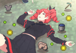 ahoge belt boots clothed dazed drill_hair eyebrows_visible_through_hair female_only femdom femsub gojulas hair_ribbon heavy_eyelids hypnotic_fingers hypnovember legs lying miku_hatsune minecraft nail_polish open_mouth red_eyes red_hair shirt skirt spiral spiral_eyes teto_kasane uniform vocaloid