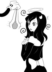 absurdres alice_angel bendy_and_the_ink_machine bendy_the_devil billcipherspuppet black_hair clothed gloves greyscale halo horns long_hair mole open_mouth pendulum pocket_watch spiral_eyes symbol_in_eyes