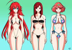  ahoge alerith alternate_costume bare_shoulders bikini bikini_bottom bikini_top breasts cleavage crossover earrings erza_scarlet fairy_tail female_only femsub gradient_background happy_trance high_school_dxd large_breasts long_hair midriff navel nintendo pyra_(xenoblade) red_eyes red_hair rias_gremory short_hair sling_bikini smile swimsuit thighs very_long_hair xenoblade_chronicles xenoblade_chronicles_2 
