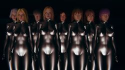 3d ayane_(dead_or_alive) bangs black_background blonde_hair bodysuit breasts brown_hair christie_(doa) collar dead_or_alive erect_nipples erect_nipples_under_clothes expressionless female_only femsub glowing_eyes graybot helena_douglas hitomi honoka_(doa) kasumi_(dead_or_alive) large_breasts long_hair mila_(dead_or_alive) multiple_girls multiple_subs pink_hair purple_hair red_hair short_hair simple_background standing standing_at_attention tech_control tight_clothing tina_armstrong user5928 white_hair whitewash_eyes zipper