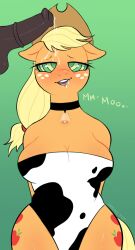  applejack bell_collar collar cow_girl cow_print cum drool femsub furry happy_trance horse_girl horse_penis immunefox large_breasts maledom my_little_pony one-piece_swimsuit penis ring_eyes swimsuit 