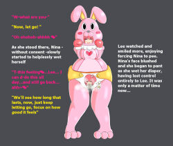  blush bow bunny_girl caption costume diaper eye_roll female_only femsub hard_translated humiliation living_costume maledom open_mouth panting red_eyes red_hair simple_background smile solo speech_bubble t-d text translated urination 