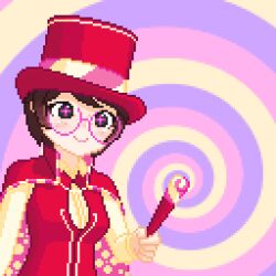  animated animated_gif annie_(fabius) brown_hair cape fabius femdom freckles glasses magic magic_wand magician original pixel_art pov pov_sub shirt short_hair sleep_command smile speech_bubble spiral_background stage_hypnosis suit text top_hat 