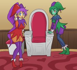  blue_eyes chair femsub genie green_hair green_skin hand_on_hip heart_eyes jester leaning_forward looking_at_viewer multiple_girls multiple_subs mythkaz open_mouth ponytail purple_hair red_eyes rottytops shantae shantae_(series) shoes short_hair smile standing symbol_in_eyes tan_skin thighhighs uniform 