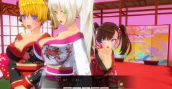 3d blonde_hair blue_eyes blush breasts brown_hair curly_hair dialogue female_only femsub green_eyes japanese_clothing kamen_writer_mc kimono large_breasts lipstick mc_trap_town multiple_girls multiple_subs ponytail red_lipstick screenshot spiral_eyes symbol_in_eyes text translated twintails white_hair