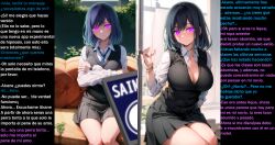  absurdres ai_art akane_kurokawa altered_common_sense before_and_after bimbofication blush breasts caption cell_phone cleavage corruption dialogue happy_trance huge_breasts manip netorare oshi_no_ko phone pink_eyes school_uniform skirt smile spanish tech_control text thick_thighs thighs translation_request 