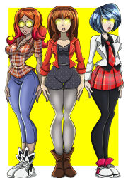 absurdres alya_cesaire bangs blue_hair boots brown_hair clothed collarbone dark_skin dress expressionless female_only femsub glasses glowing glowing_eyes hourglass_figure jacket jeans kagami_tsurugi leggings light_skin lila_rossi long_hair miraculous_ladybug multiple_girls multiple_subs open_mouth shirt short_hair simple_background skirt sneakers standing standing_at_attention straight-cut_bangs tan_skin tie yellow_eyes zorro-zero