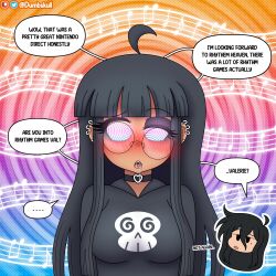  accidental_hypnosis ahoge black_eyes blue_eyes blush chibi choker clothed drool dumbskull earrings eyeshadow femsub glasses hoodie humor hypnotic_music jessie_(dumbskull) large_breasts long_hair looking_at_viewer mole multicolored_eyes nintendo open_mouth orange_eyes original purple_eyes rhythm_heaven skull spiral_background spiralwash_eyes text tongue_piercing unfocused_eyes valerie_(dumbskull) 