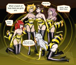  animal_ears bee_girl black_clover blonde_hair brown_hair cleavage clothed collarbone english_text expressionless female_only femdom femsub headband honey hy2300 instant_loss kneeling leotard licking long_hair mantra multiple_girls multiple_subs open_mouth opera_gloves original phos_(that_time_i_got_reincarnated_as_a_slime) pink_hair ponytail red_hair short_hair silver_hair speech_bubble spiral_eyes standing text that_time_i_got_reincarnated_as_a_slime thigh_boots tongue tongue_out vanessa_enoteca yixuan_(zenless_zone_zero) yuri zenless_zone_zero 