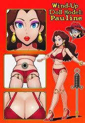ai_art bed bra brown_hair cameltoe comic doll doll_joints dollification earrings empty_eyes english_text expressionless eyeshadow femsub hat hellsing002_(generator) high_heels long_hair nail_polish nintendo panties pauline red_lipstick scared speech_bubble super_mario_bros. super_mario_odyssey surprised transformation trapped wind-up_key