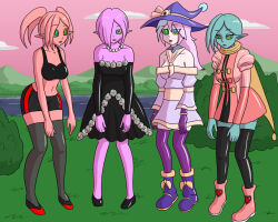 bare_legs blue_hair blue_skin boots collarbone crop_top dragon_ball dress elf_ears expressionless female_only femsub gloves hair_covering_one_eye hat kaa_eyes leaning_forward long_hair multicolored_hair multiple_girls multiple_subs mythkaz navel necklace open_mouth original outdoors pink_hair pink_skin scarf short_hair shorts slouching standing tagme tank_top thighhighs twintails witch_hat