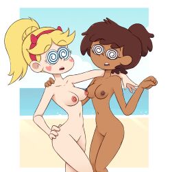 amphibia anne_boonchuy beach blonde_hair breasts brown_hair disney drawsoyeah femsub hair_band multiple_girls nude open_mouth posing spiral_eyes star_butterfly star_vs_the_forces_of_evil tied_hair water 
