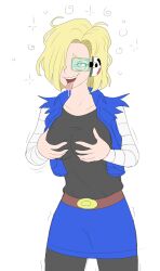 ahegao android_18 blonde_hair blush breasts dazed dragon_ball drool earpiece femsub groping hair_covering_one_eye happy_trance large_breasts messy_hair open_mouth plsgts short_hair smile tech_control 
