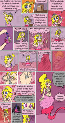 blonde_hair blue_eyes breast_expansion breasts comic crown femsub genie happy_trance heart heart_eyes jewelry large_breasts long_hair mythkaz open_mouth original pink_eyes ponytail princess_caelia_(kachopper9) smile symbol_in_eyes text thought_bubble