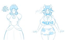animal_ears before_and_after blush breasts cleavage collar cow_girl cowbell earrings femsub heart heart_eyes horns huge_breasts jewelry kobi94 large_breasts looking_at_viewer monochrome nintendo open_mouth princess princess_daisy shorts sketch standing super_mario_bros. symbol_in_eyes tank_top text transformation