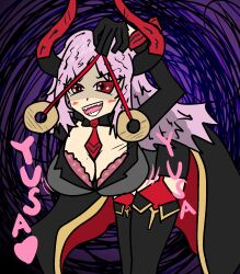  blue_archive blush bra breasts carrollytakeda clothed coin evil_smile female_only femdom gloves hanging_breasts heart horns lace leaning_forward long_hair mole open_mouth pendulum pink_hair pov pov_sub red_eyes satsuki_(blue_archive) sharp_teeth smile solo standing tie tongue 