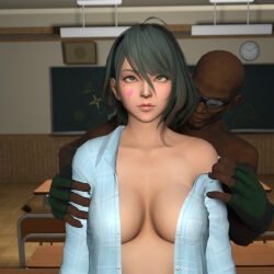  3d blackboard classroom dead_or_alive empty_eyes esccc exposed_chest expressionless eye_roll face_paint femsub green_eyes green_hair heart maledom multicolored_hair open_clothes open_shirt shirt short_hair standing tamaki_(dead_or_alive) undressing wufan870203 zack_(dead_or_alive) 