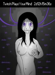 black_hair bottomless brain_injection breasts erect_nipples female_only femsub glowing glowing_eyes groping happy_trance humor hypnotic_accessory large_breasts long_hair masturbation monochrome mr.h multiple_doms nipples nude open_mouth original purple_eyes tech_control text topless western