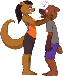  barefoot bear_boy brown_hair chin_hold dazed drjavi femdom furry happy_trance hypnotic_eyes hypnotized_hypnotist long_hair malesub open_mouth original otter_girl ponytail ring_eyes slouching standing tongue_out transparent_background 