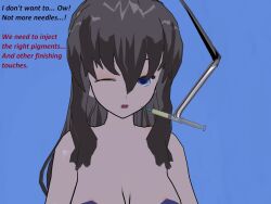 3d blue_eyes cleavage flamekin grey_hair injection long_hair syringe text transgender