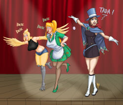 ace_attorney apron bird_girl blonde_hair blue_eyes blush brown_hair chicken_pose clothed crimson_(stepfordcrimson) dress femdom green_eyes hat hypnolion magician original pendulum pet_play ponytail punky_(whisper) short_shorts spiral spiral_eyes stage stage_hypnosis symbol_in_eyes text top_hat trucy_wright wings