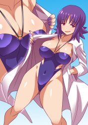  breasts cleavage female_only femsub happy_trance heart heart_eyes icontrol_(manipper) konno_tohiro lab_coat large_breasts looking_at_viewer manip multiple_views nail_polish navel nintendo one-piece_swimsuit pokemon pokemon_(anime) professor_ivy purple_hair short_hair smile solo swimsuit symbol_in_eyes 