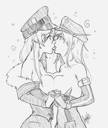 azur_lane bare_shoulders bismarck_(azur_lane) bismarck_(kantai_collection) breast_press breasts breasts_outside cap dazed drool female_only femsub french_kiss gloves gmun greyscale holding_hands kantai_collection kissing large_breasts long_hair multiple_girls multiple_subs open_clothes open_mouth opera_gloves selfcest signature simple_background spiral sub_on_sub symbol symmetrical_docking tongue tongue_out topless white_background yuri 