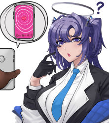  before_and_after blue_archive clothed confused dark_skin eyebrows_visible_through_hair fujiaki halo heart hypnotic_screen light_skin long_hair meme phone preview purple_eyes purple_hair sensei_(blue_archive) simple_background spiral suit tech_control tie twintails white_background yuuka_(blue_archive) 